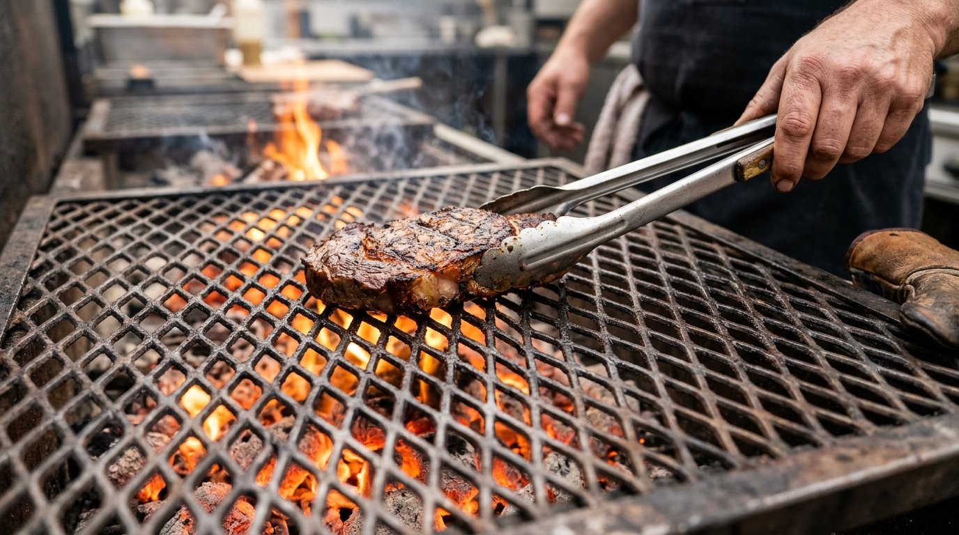 Detalhe de carne sendo preparada sobre chapa expandida para grelha com brasas incandescentes visíveis sob o aço.