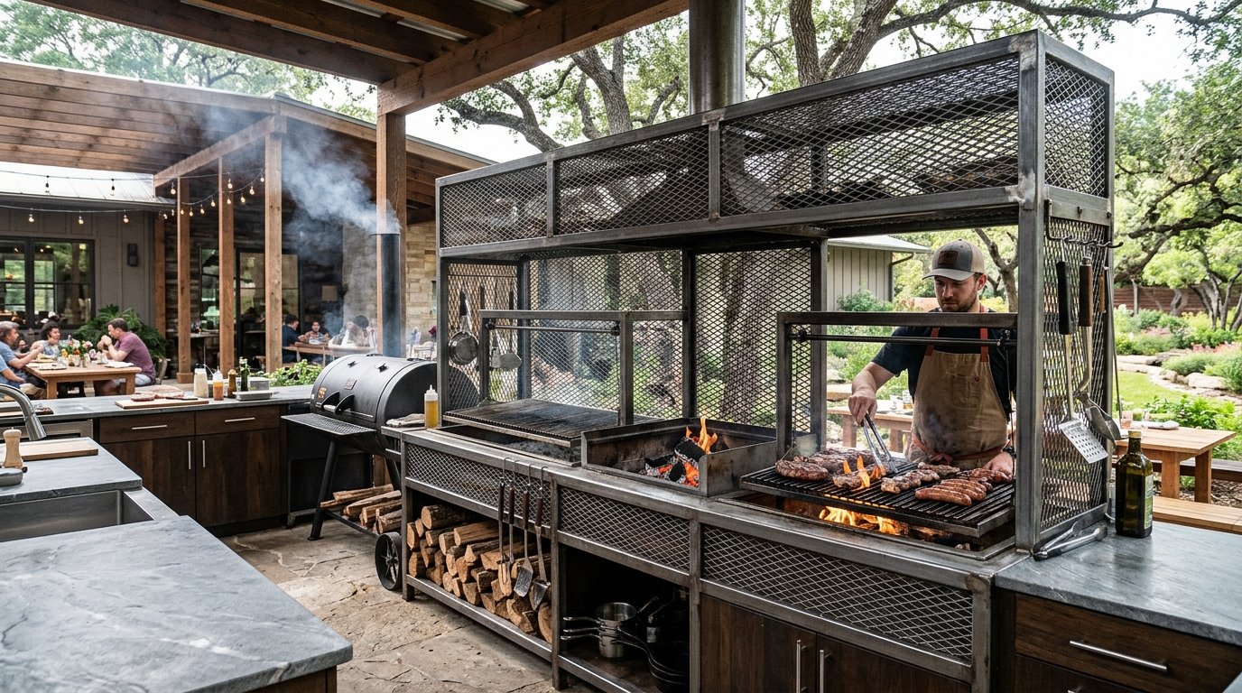 Área de churrasco profissional com bancada de pedra e grandes grelhas feitas de chapa expandida para grelha sob luz solar.
