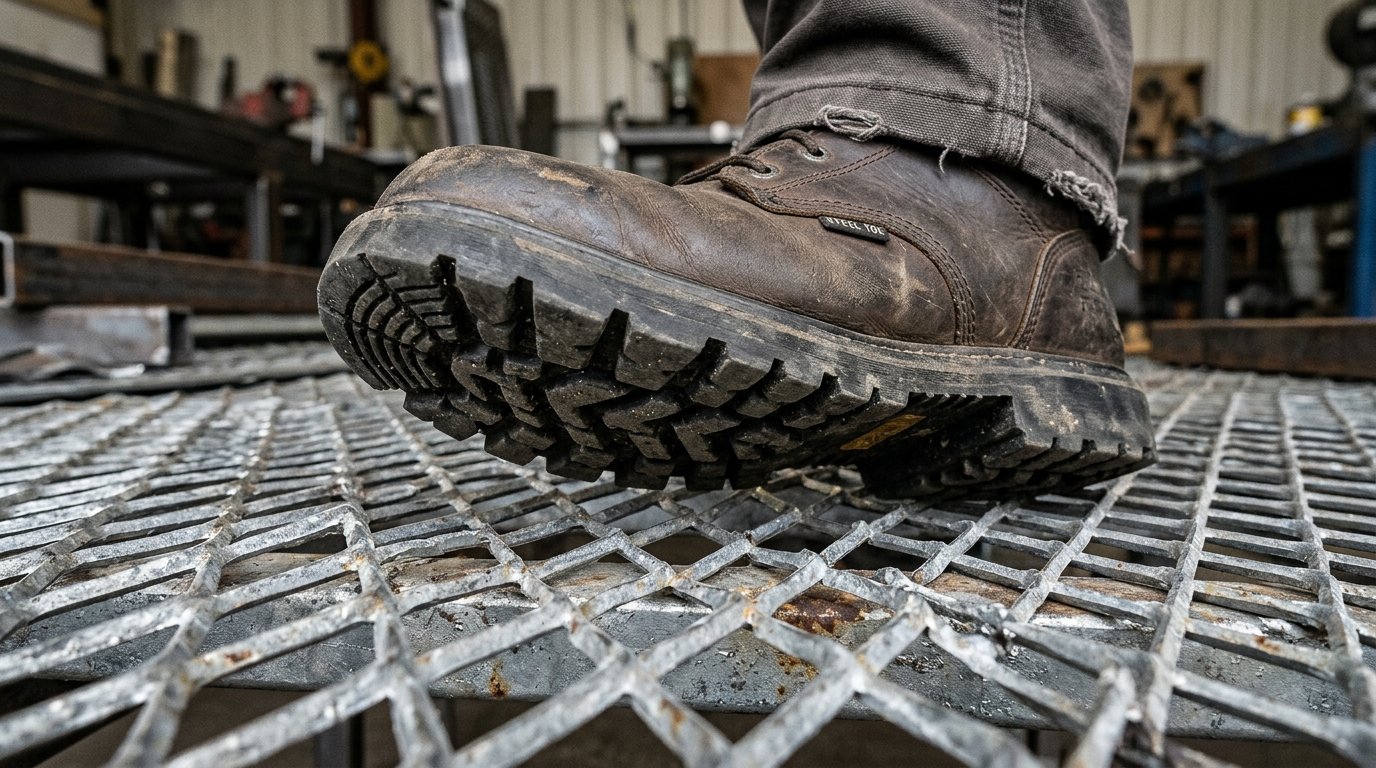 Chapa expandida para pisos: como especificar sem erro 1 Detalhe em close de bota de segurança sobre a textura antiderrapante da chapa expandida para pisos metálica.