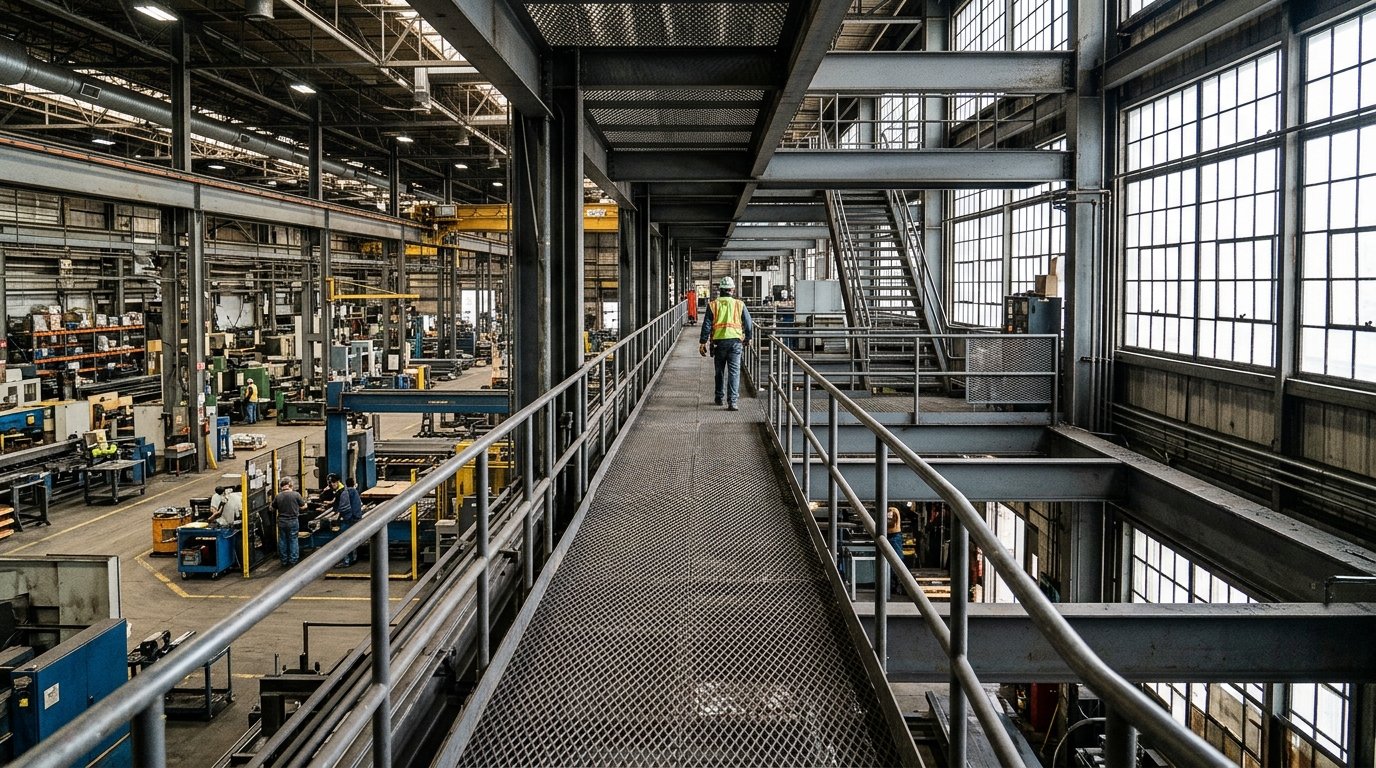 Chapa expandida para pisos: como especificar sem erro 2 Vista ampla de mezanino industrial com piso de chapa expandida para pisos em fábrica com iluminação natural.