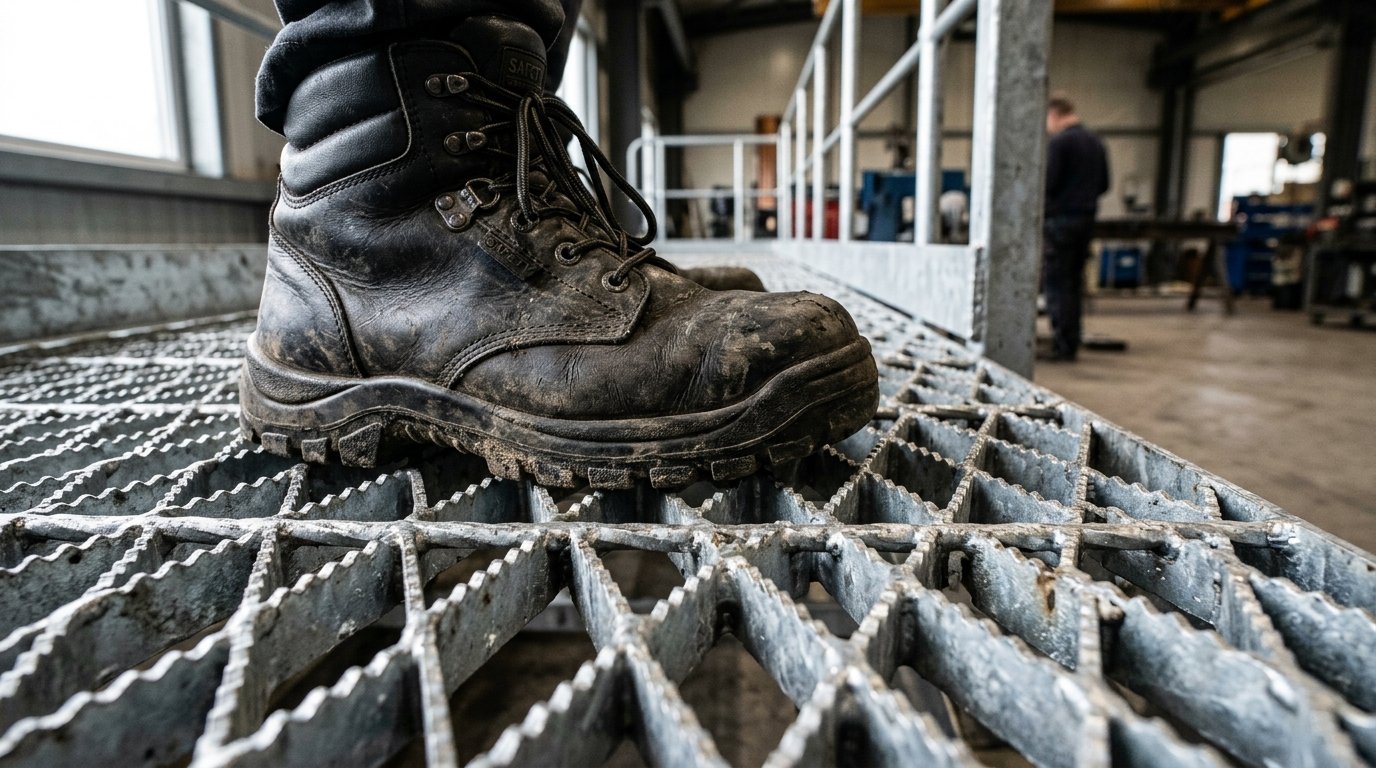 Detalhe de bota de segurança sobre a textura antiderrapante de uma chapa expandida para plataforma em ambiente de trabalho.