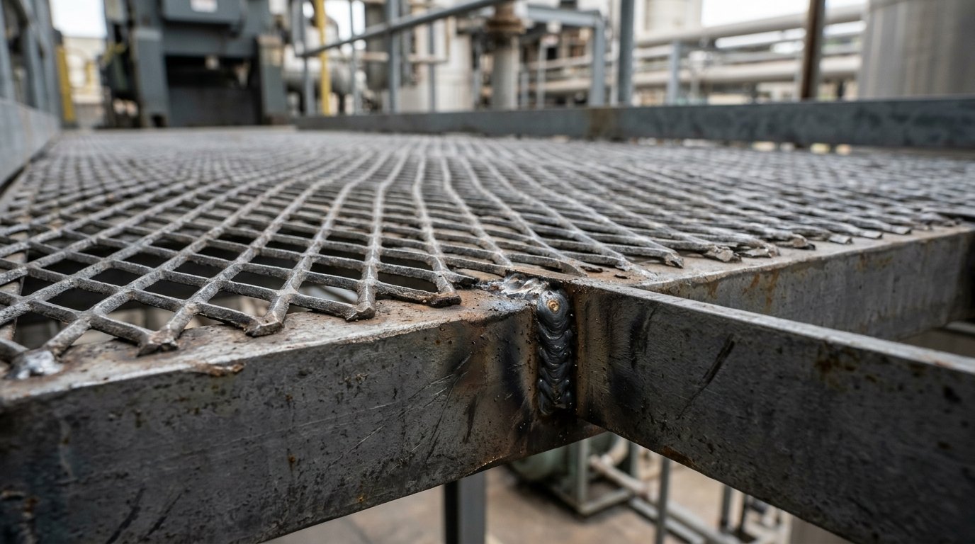 Passarela com chapa expandida: como especificar sem erro 1 Detalhe técnico em close-up da textura e furos de uma passarela com chapa expandida metálica em ambiente operacional.