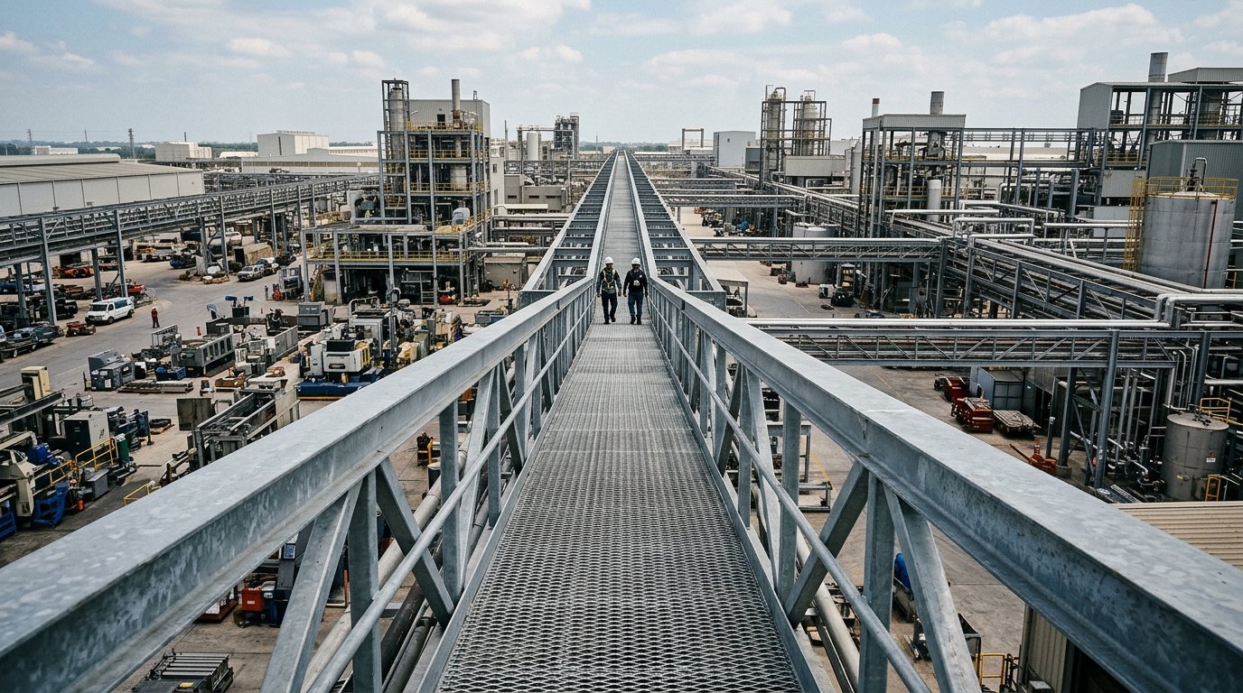 Passarela com chapa expandida: como especificar sem erro 2 Vista panorâmica de uma longa passarela com chapa expandida instalada em um pátio industrial sob luz natural do dia.