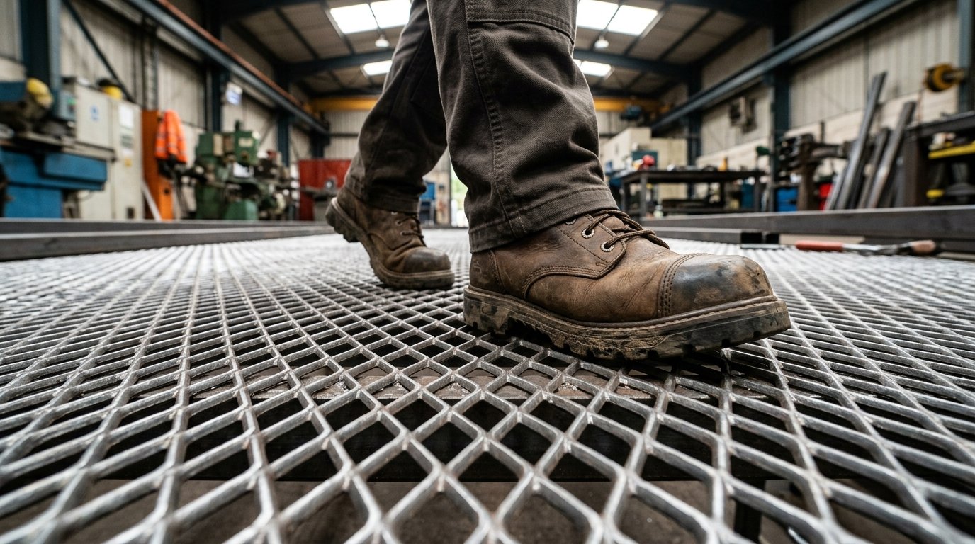 Detalhe em close de bota de segurança sobre piso de chapa expandida metálica com foco na textura antiderrapante.