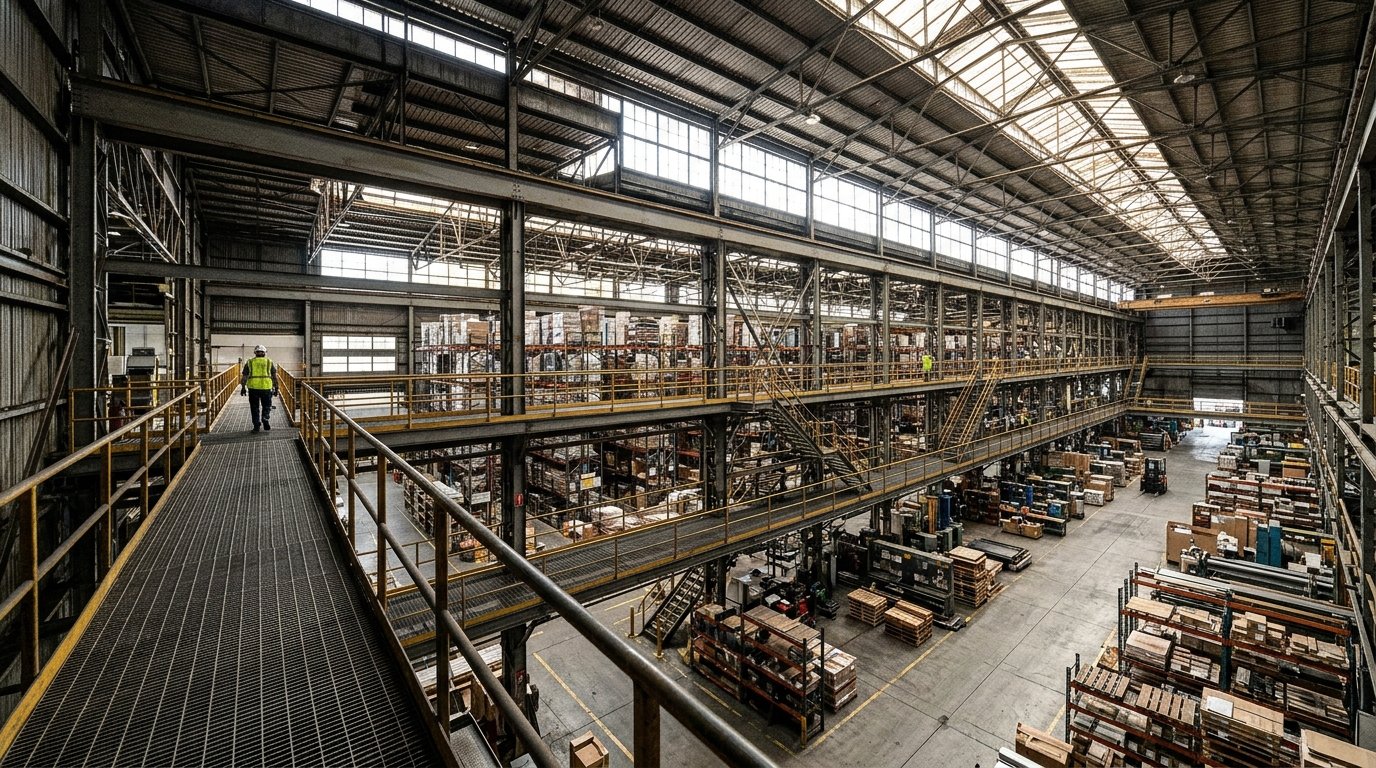 Visão ampla de passarela industrial com piso de chapa expandida em galpão com iluminação natural e estruturas de aço.